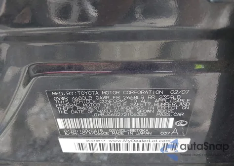 2007 Lexus Es 350 from USA, damaged, VIN JTHBJ46G272106335